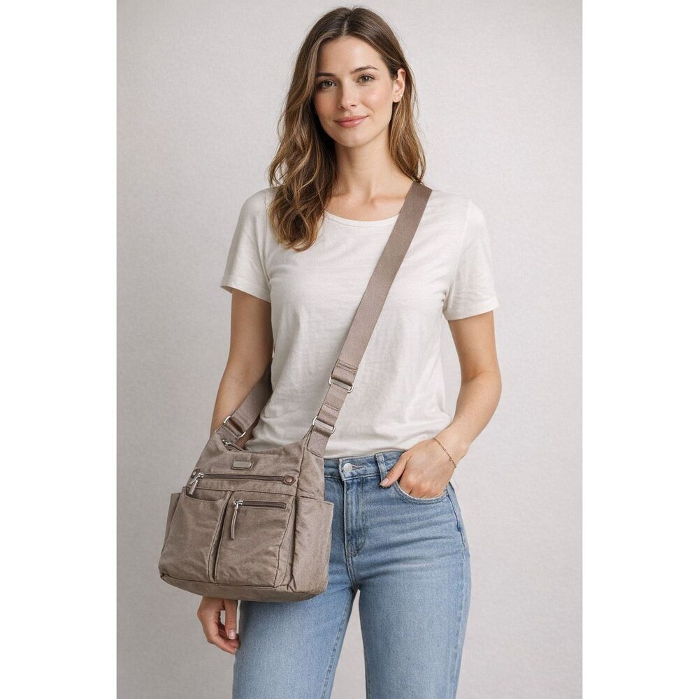 Baggallini Taupe Nylon Crossbody Travel Bag Organizer Multi Pocket